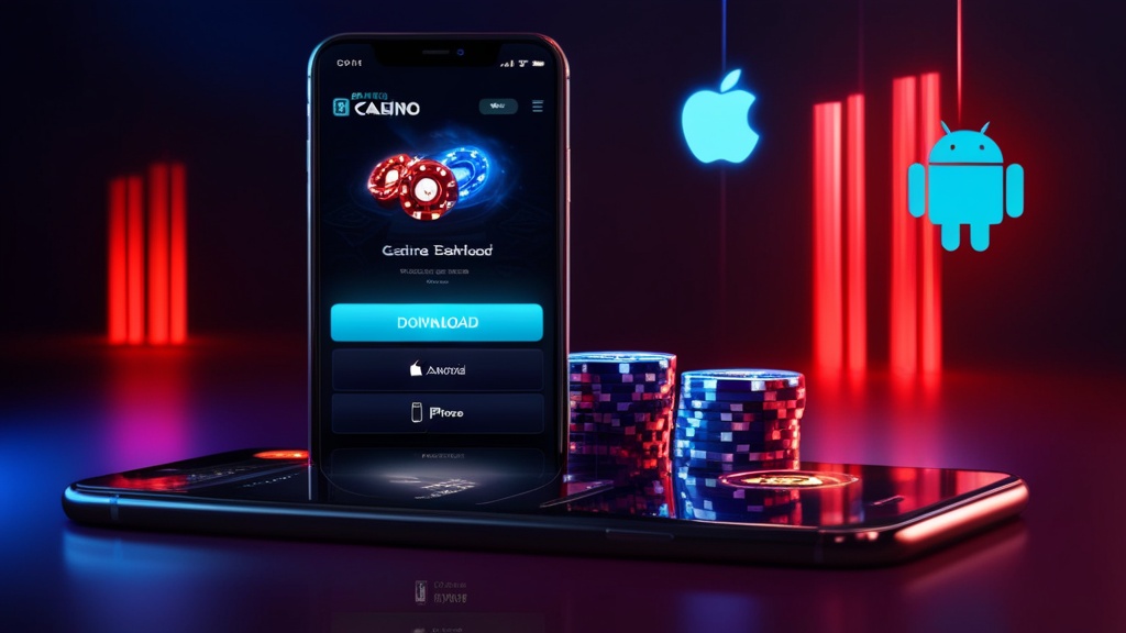 Smartphone met casino-downloadscherm en iconen voor Android en iPhone