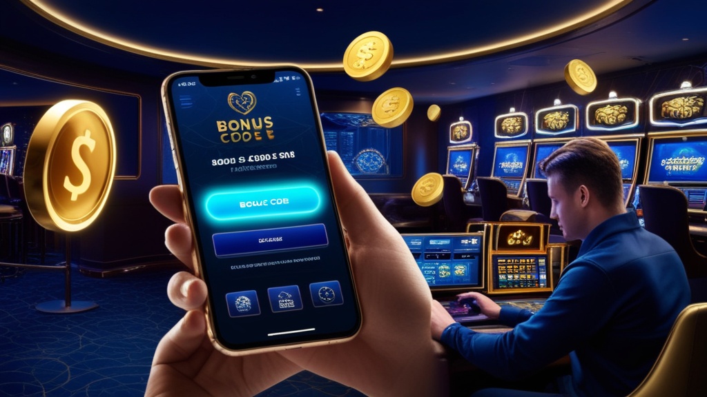 Speler controleert een bonuscode op een scherm in een donkere casino-omgeving