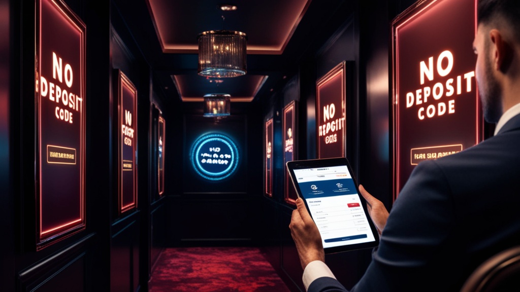 No deposit promotiecode en campagnebanners in een donkere casino-omgeving