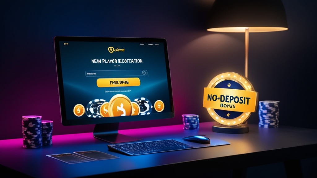 Registratiescherm met no deposit bonus en free spins in een donkere casino-setting