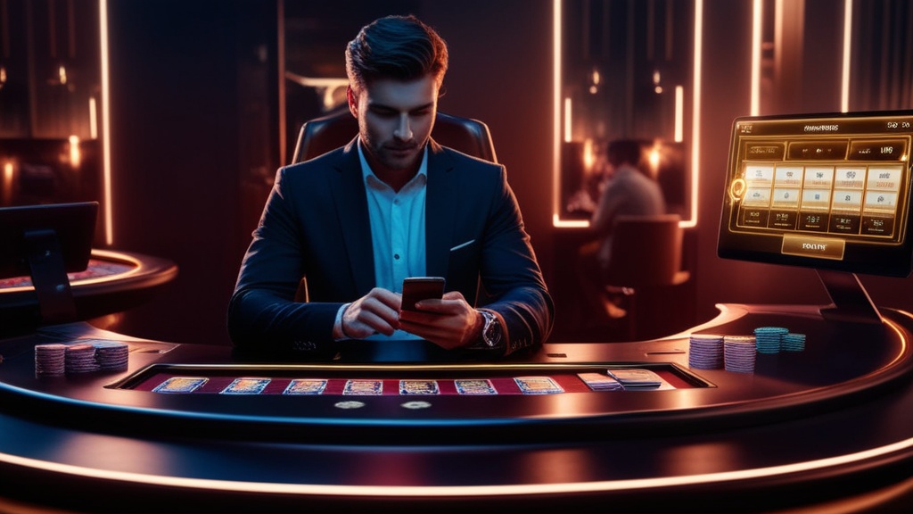 Donkere casino-afbeelding met een speler die een opname op zijn telefoon controleert.