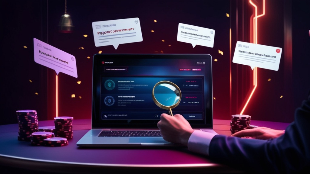 Casino-afbeelding met reviewnotities en een speler die uitbetalingen vergelijkt.
